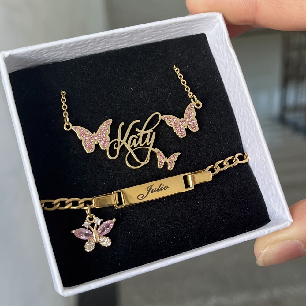 Engraved Name Necklace - DUOYING-Conjunto personalizado de mariposa rosa, collar