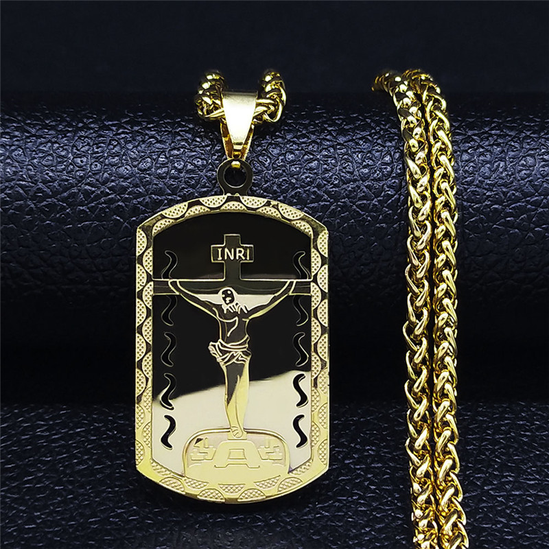 Mens Dog Tag Necklace - Collar con Cruz de Jesús INRI,