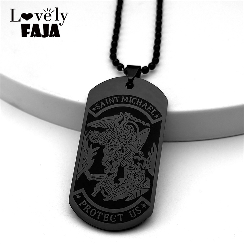 Mens Dog Tag Necklace - SAINT MICHAEL PROTECT US Arcángel de